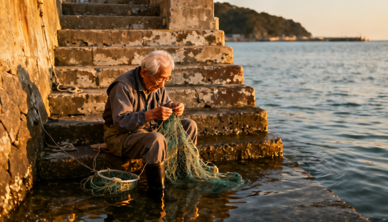 Hiroshi mending his nets at the foot of the worn harbor steps at golden hour