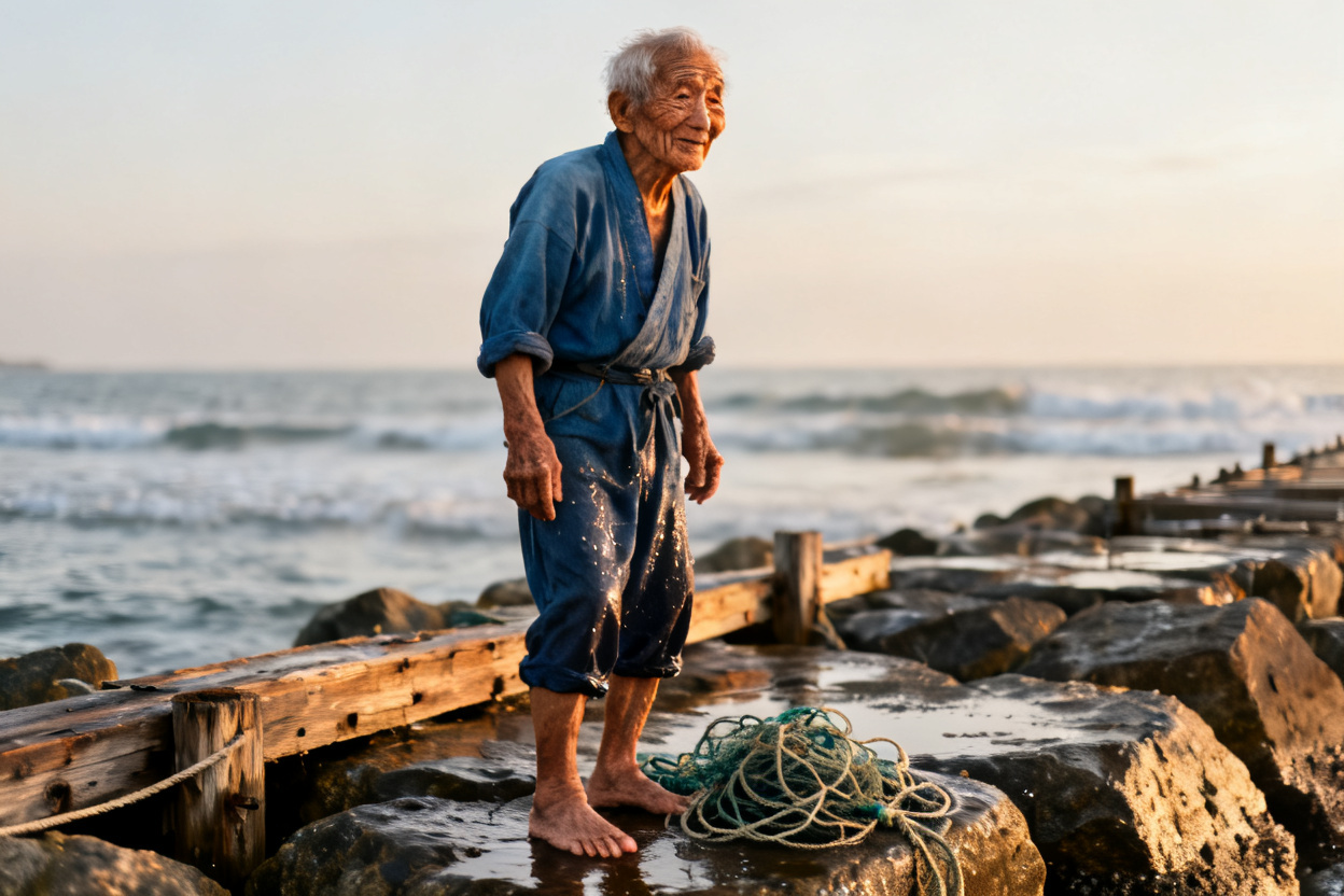 Hiroshi, 92, standing barefoot and remarkably steady on the harbor rocks