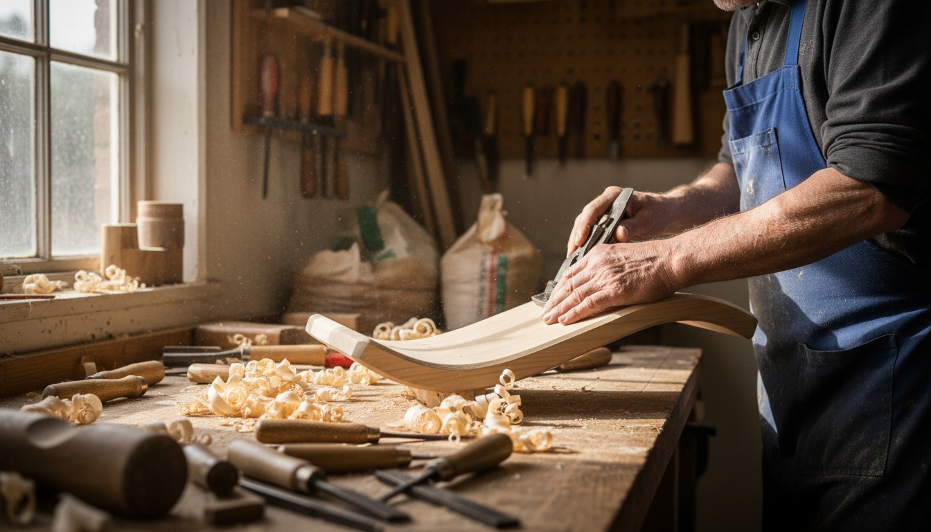 A master woodworker shaping and sanding a birch balance board by hand